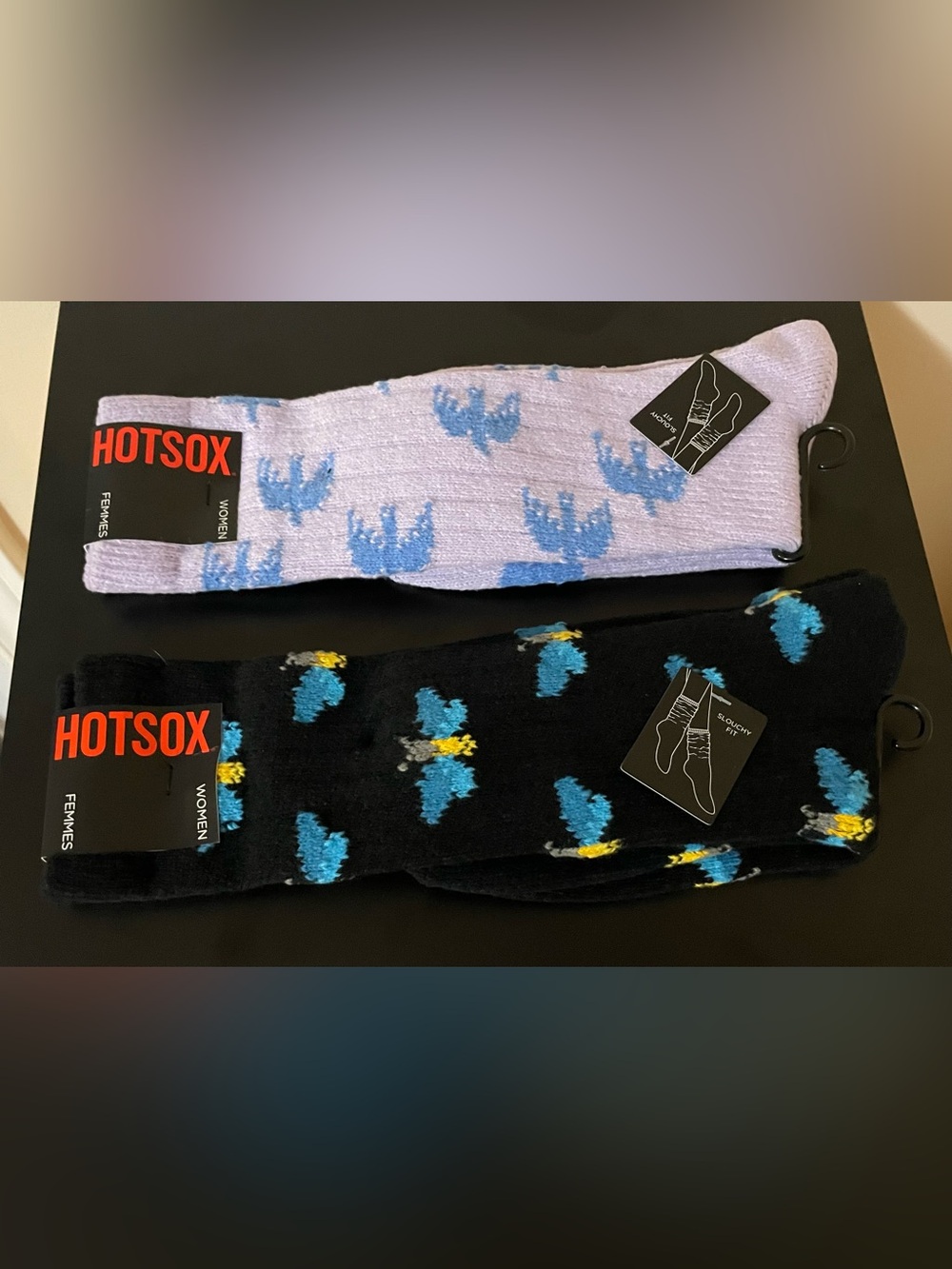 Hot Sox Crew Socks - Lavender & Black with Blue and Yellow Accents